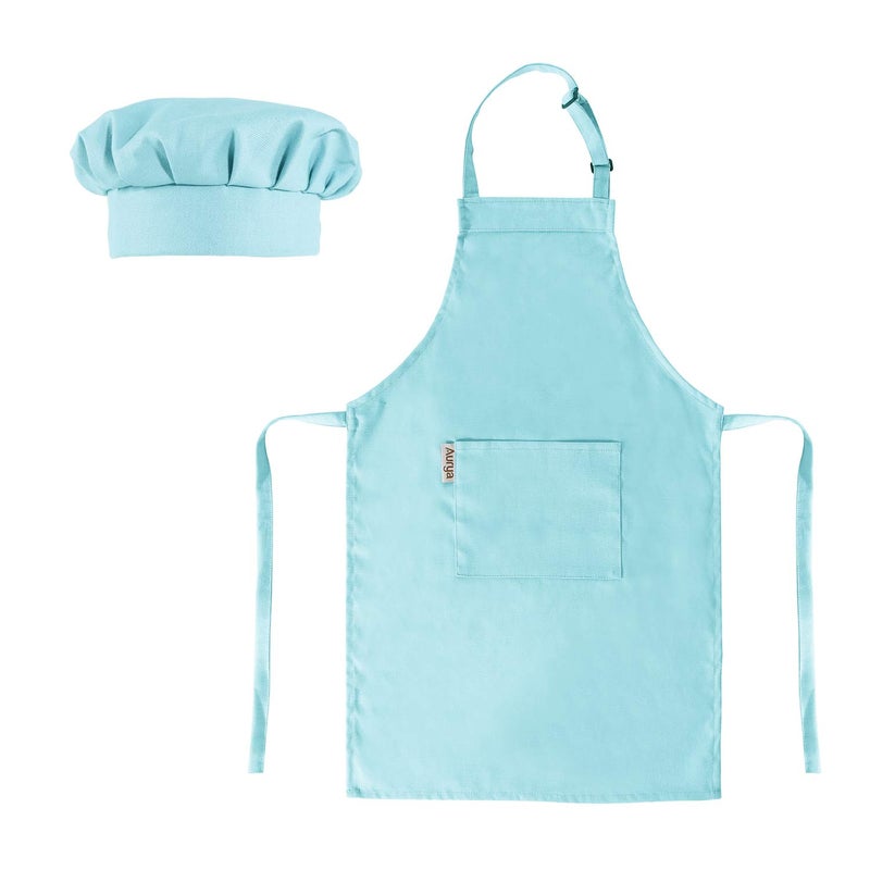 Aurya Kids Apron and Chef Hat Set-Adjustable Child Apron for Boys and Girls for Cooking Baking Light Blue - Image 1